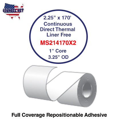 2.25'' x 170' Continuous Direct Thermal liner free 1'' Core-3.25''OD