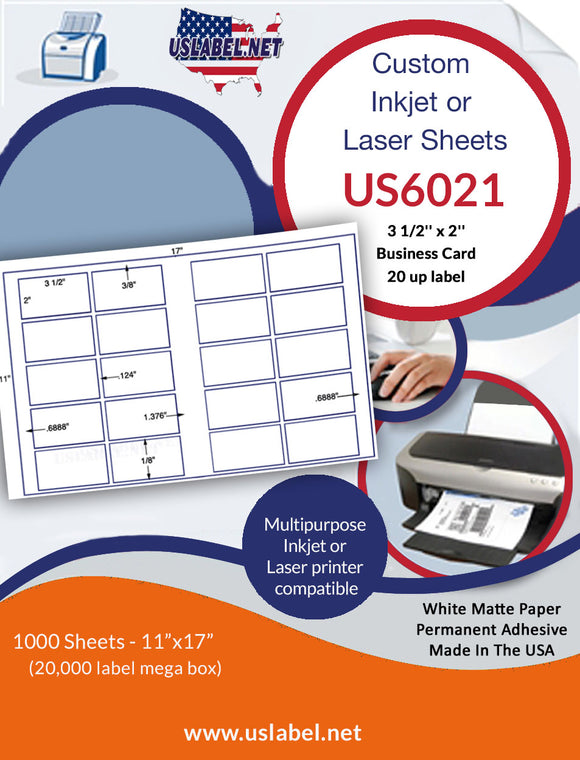 US6021-3 1/2''x2'' Biz. Card-20 up on a 11'' x 17'' sheet.