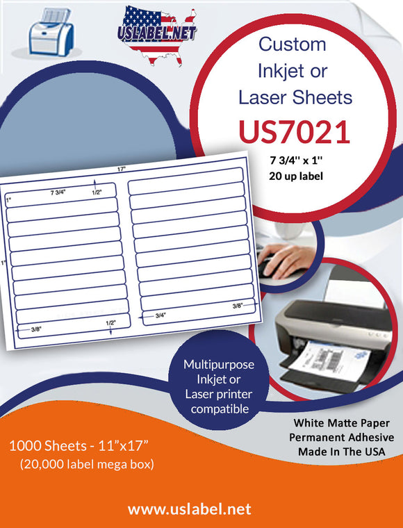 US7021-7 3/4'' x 1''-20 up label on a 11'' x 17'' sheet.