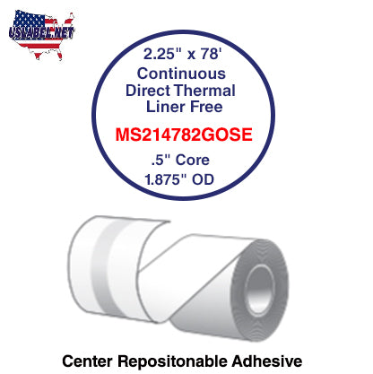2.25'' x 78' Continuous Direct Thermal liner free .5'' Core-1.875''OD