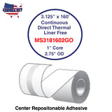 3.125'' x 160' Continuous Direct Thermal liner free 1'' Core-2.75''OD