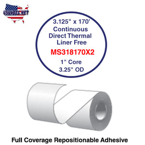 3.125'' x 170' Continuous Direct Thermal liner free 1'' Core-3.25''OD