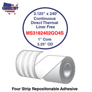 3.125'' x 240' Continuous Direct Thermal liner free 1'' Core-3.25''OD