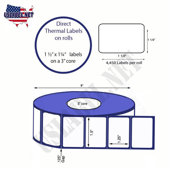 1.5'' x 1.25'' Direct Thermal Labels on a 3'' Core 8''OD