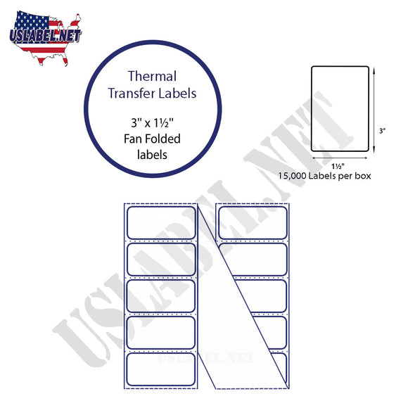 3'' x 1.5''Thermal Transfer Labels in a Fan Fold Stack.