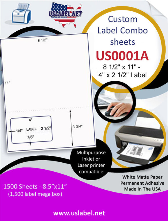 US0001A-8 1/2'' x 11'' Combo Sheet w/ a 4'' x 2 1/2'' label.