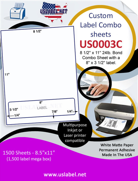 US0003C-8 1/2''x11''Combo Sheet with a 8''x3 1/2'' label.