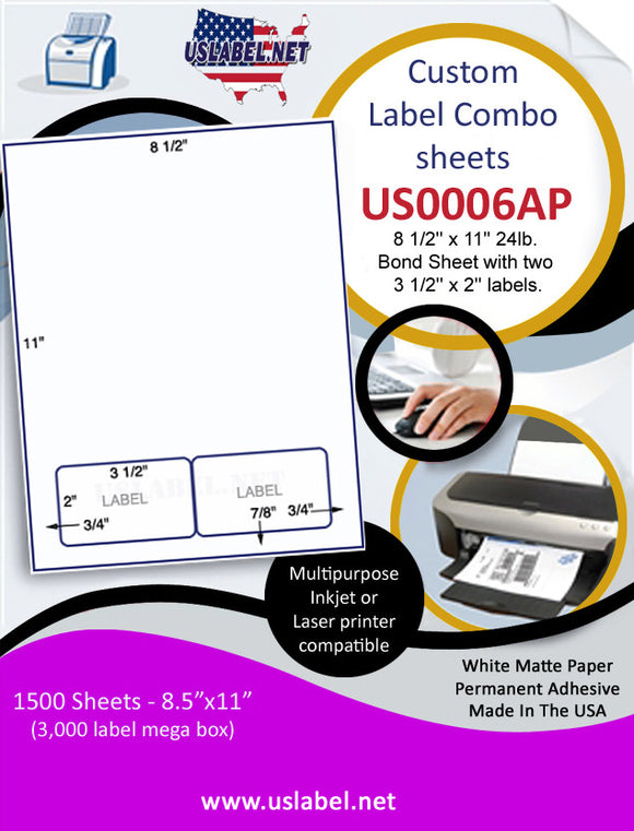US0006AP-8.5''x11'' combo Sheet w/2 - 3 1/2'' x 2'' labels.