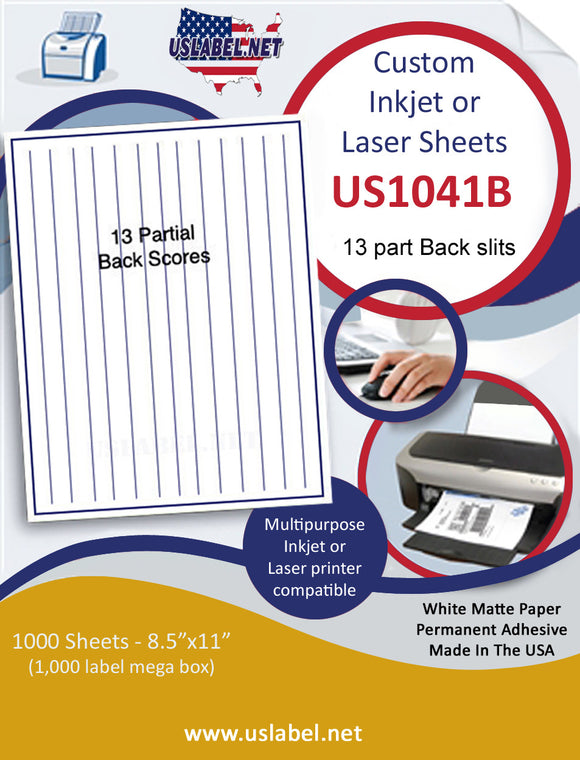 US1041B8.5'' x 11'' with 13 part Back Scores label sheet.