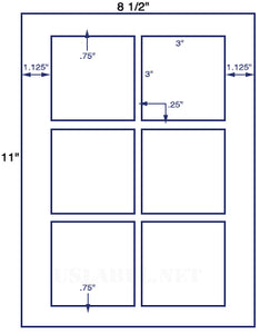 US1804- 3'' Square-6 up label on a 8 1/2"x11" label sheet.