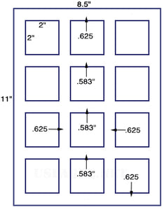 US3066- 2'' Square-12 up label on a 8 1/2"x11" label sheet.