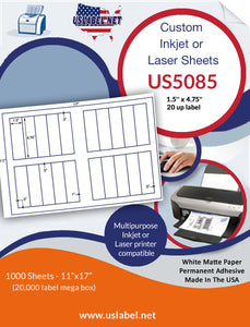 US5085-1.5'' x 4.75''-20 up label on a 11'' x 17'' sheet.