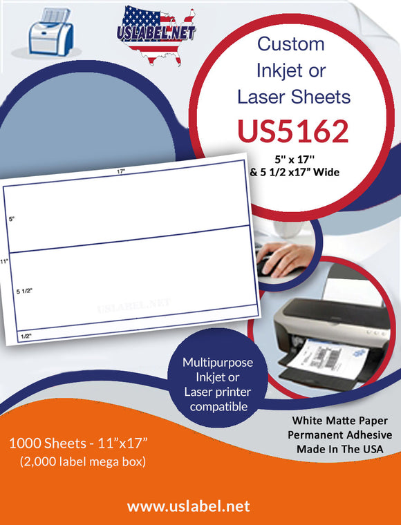 US5162 - 5'' x 17'' - 2 Wide label on a 11'' x 17'' sheet.