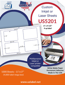 US5201 - 6'' x 4 1/2'' - 4 up label on a 11'' x 17'' sheet.