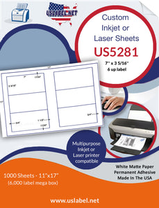 US5281-7''x3 5/16''-6 up label on a 11''x17'' sheet.