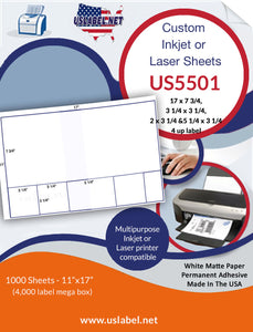 US5501-17''x7 3/4'',3 1/4''x3 1/4''-4 up label on a sheet.