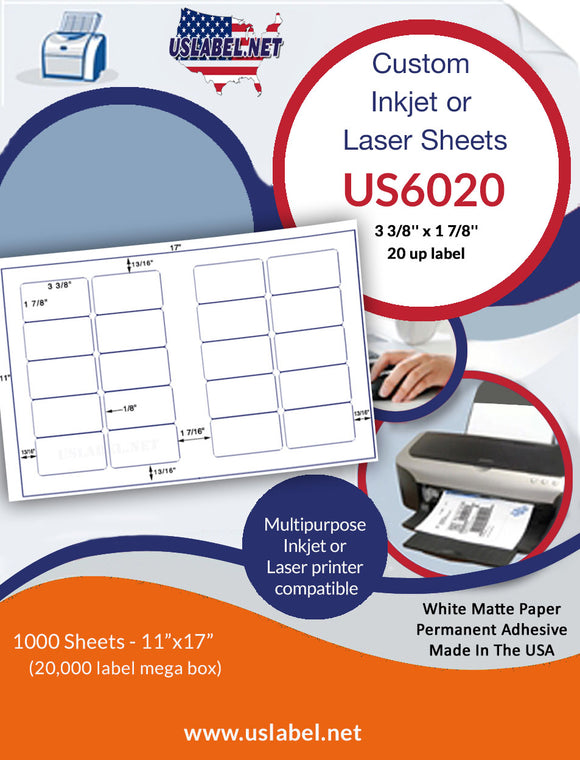US6020-3 3/8''x1 7/8''- 20 up label on a 11'' x 17'' sheet.