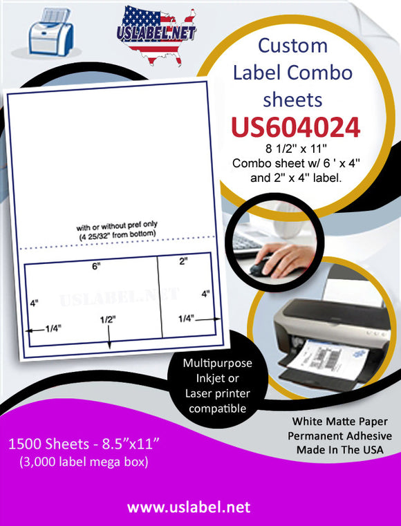 US604024 - 8 1/2'' x 11'' Combo sheet w/ 6 ' x 4'' and 2'' x 4'' label.