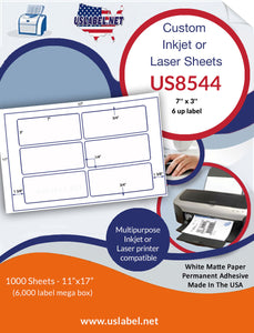 US8544 - 7'' x 3'' - 6 label on a 11'' x 17'' Sheet.
