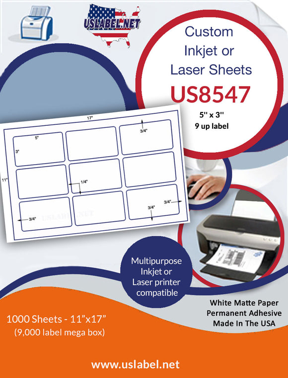 US8547 - 5'' x 3'' - 9 up label on 11'' x 17'' sheet.