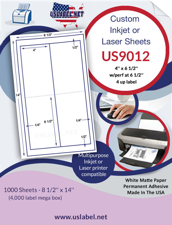 US9012-4''x6 1/2''-4 up label on a 8 1/2'' x 14'' sheet.