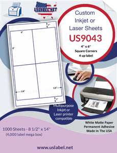 US9043-4''x6'' label with sq.Cr.on a 8 1/2'' x 14''sheet.