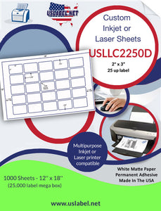 USLLC2250D-25 up 2" x 3'' Label on a 12'' x 18'' sheet.
