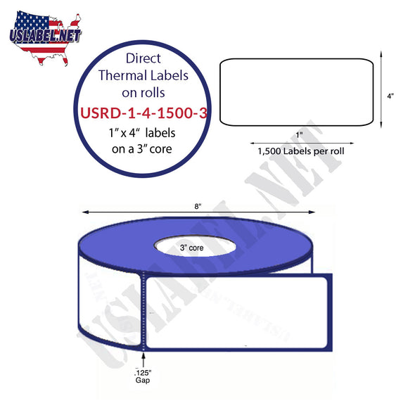 1'' x 4'' Direct Thermal Labels on a 3'' Core - 8'' OD