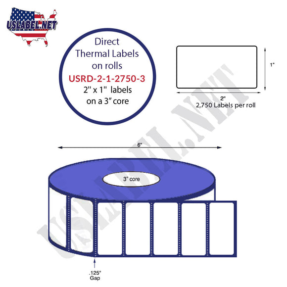 2'' x 1'' Direct Thermal Labels on a 3'' Core - 6'' OD