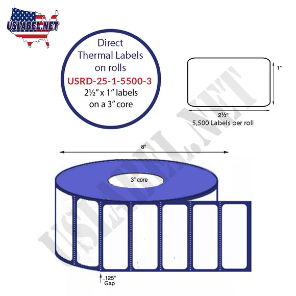2.5'' x 1'' Direct Thermal Labels on a 3'' Core - 8'' OD