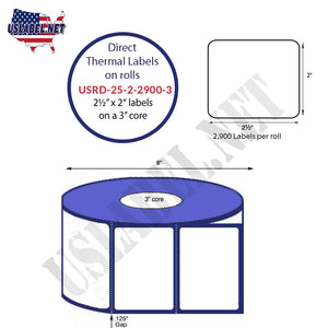 2.5'' x 2'' Direct Thermal Labels on a 3'' Core - 8'' OD