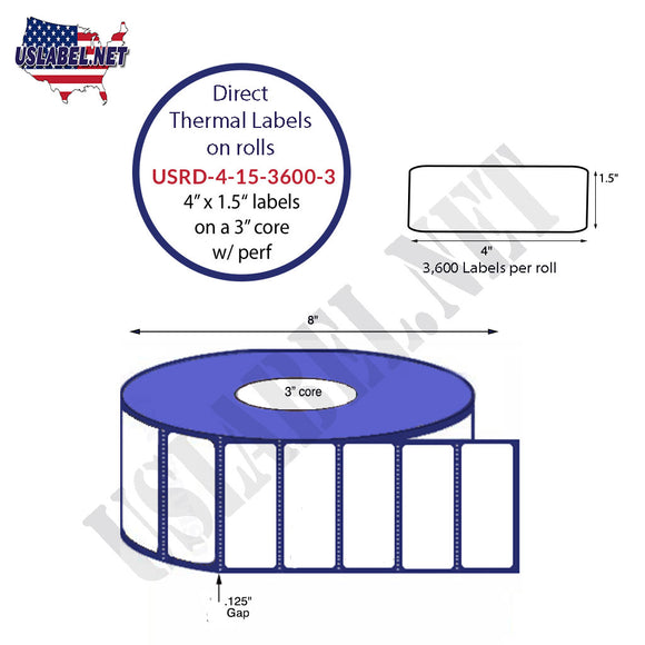 4'' x 1.5'' Direct Thermal Labels on a 3'' Core - 8'' OD