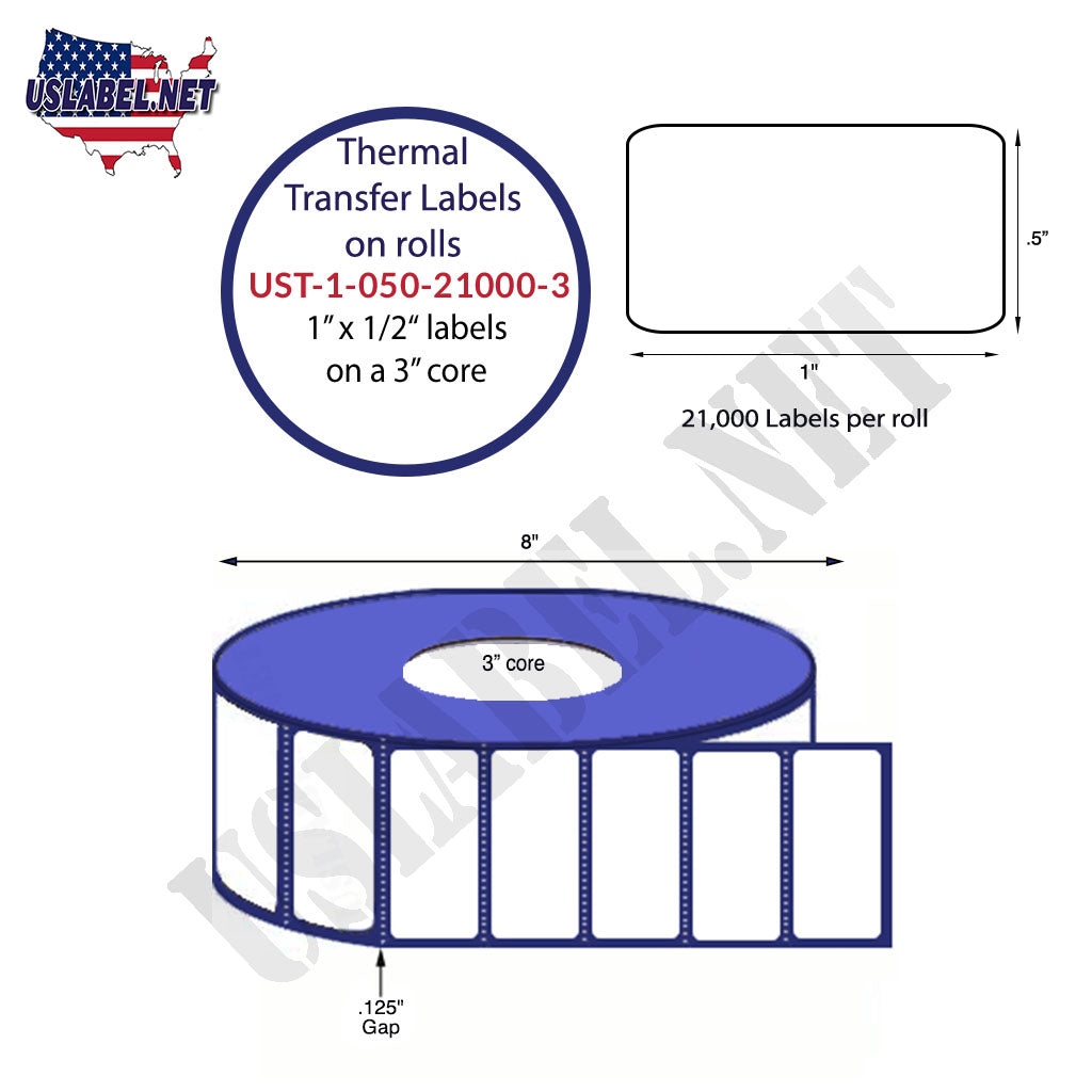 1'' x 0.5'' Thermal Transfer Labels on a 3'' Core — 8'' OD