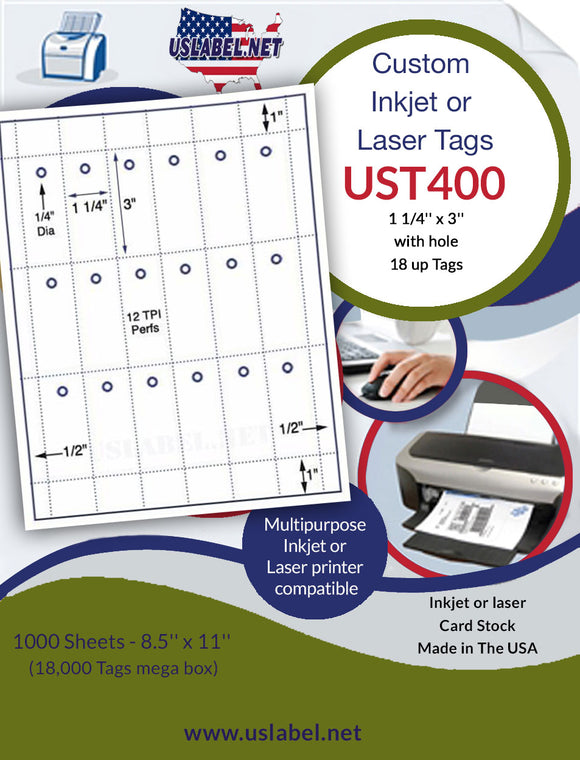 UST400 - 1 1/4'' x 3'' - 18 up with holes card Tag sheets.