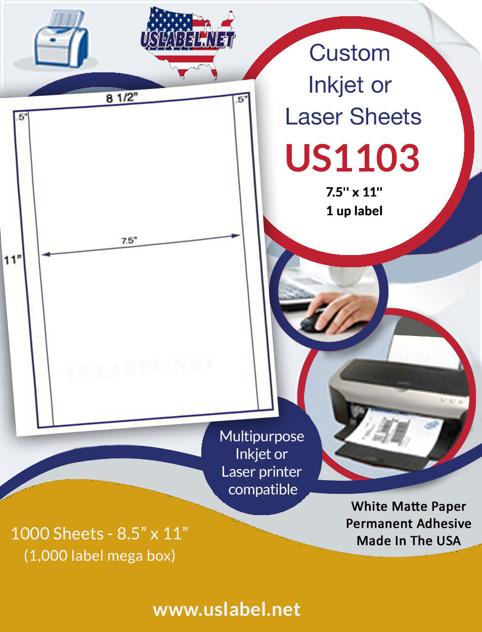 US1103 -7.5'' x 11'' label on a 8 1/2'' x 11'' label sheet